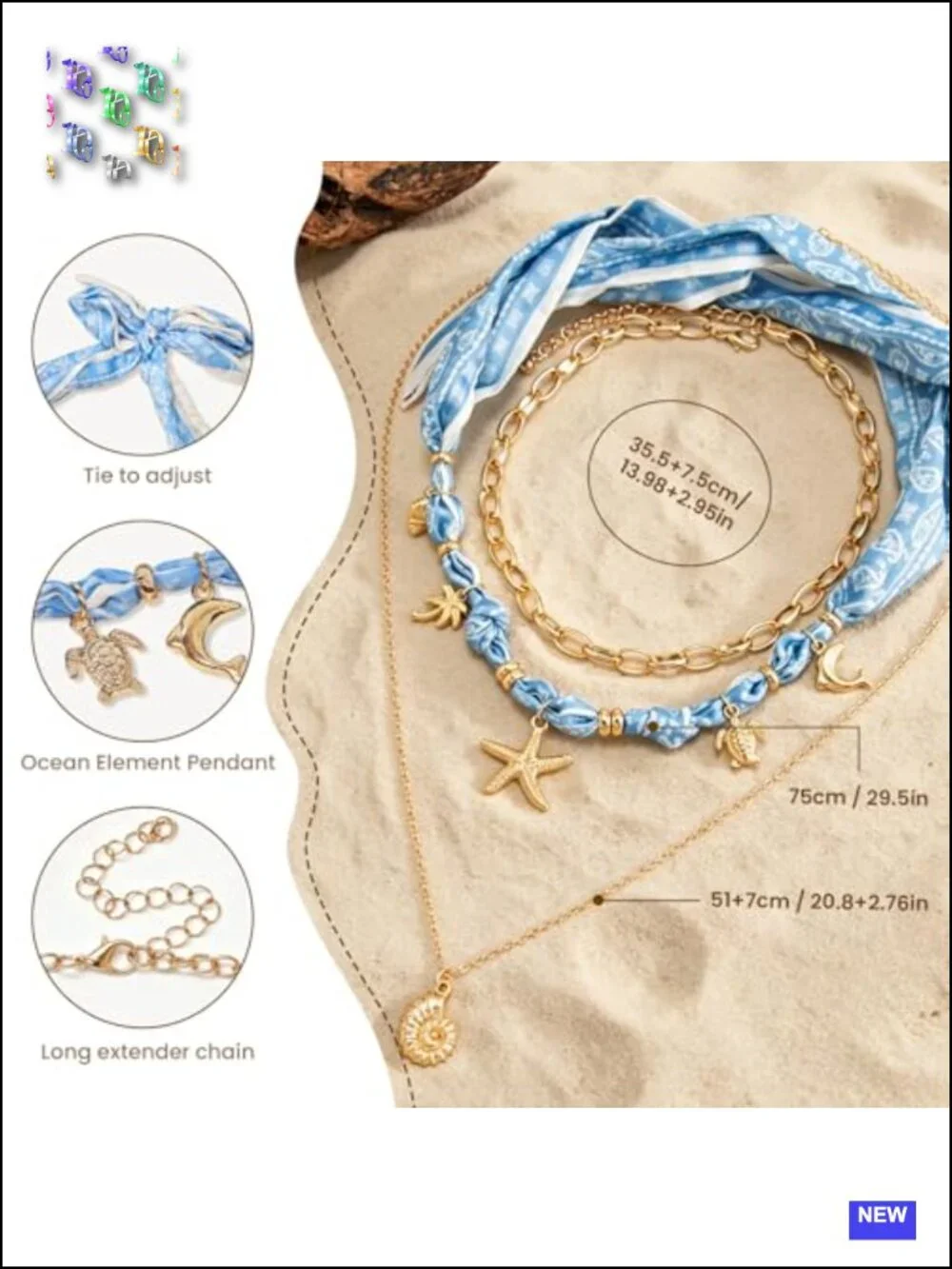 Ocean Themed Jewelry Set Gold Plated Conch Starfish Seashell Pendant Necklace